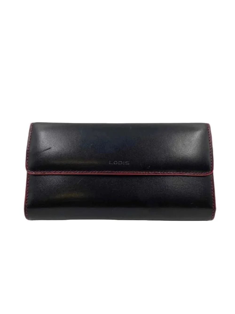 LODIS Black Leather Wallet Trifold Women's Red Lining RFID